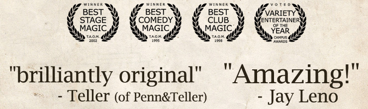 Four laurel-wreath awards with quotes from Teller and Jay Leno